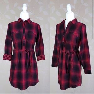 EDDIE BAUER Double Plaid Flannel Popover Tunic Dress Red Purple Black 6